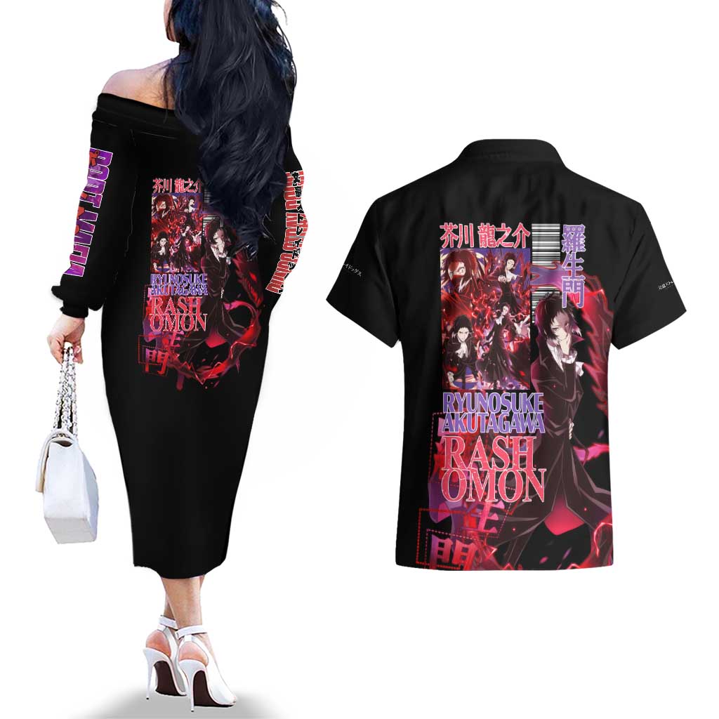 Ryunosuke Akutagawa Bungou Stray Dogs Couples Matching Off The Shoulder Long Sleeve Dress and Hawaiian Shirt Japan Anime Style - The Mazicc