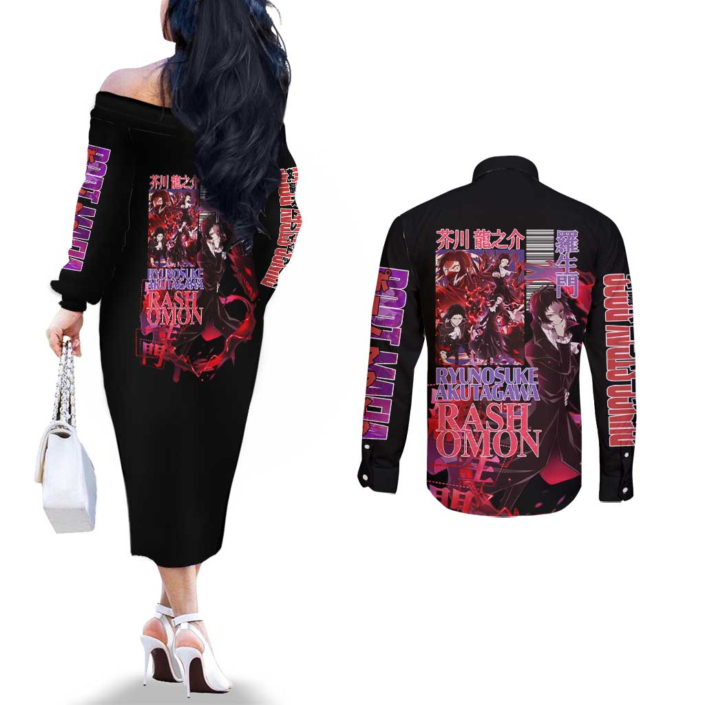 Ryunosuke Akutagawa Bungou Stray Dogs Couples Matching Off The Shoulder Long Sleeve Dress and Long Sleeve Button Shirt Japan Anime Style - The Mazicc