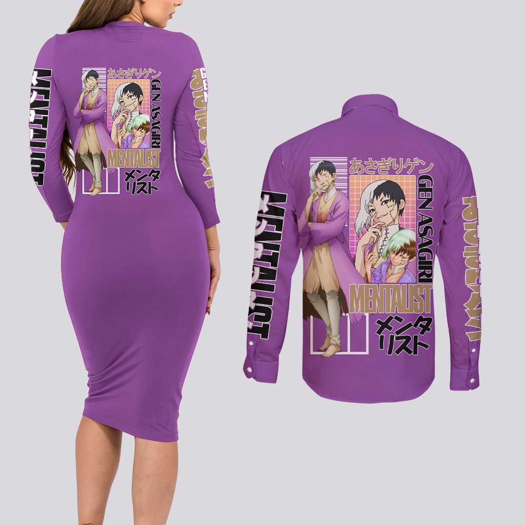 Gen Asagiri Dr. Stone Streetwear Couples Matching Long Sleeve Bodycon Dress and Long Sleeve Button Shirt Japan Anime Style - The Mazicc