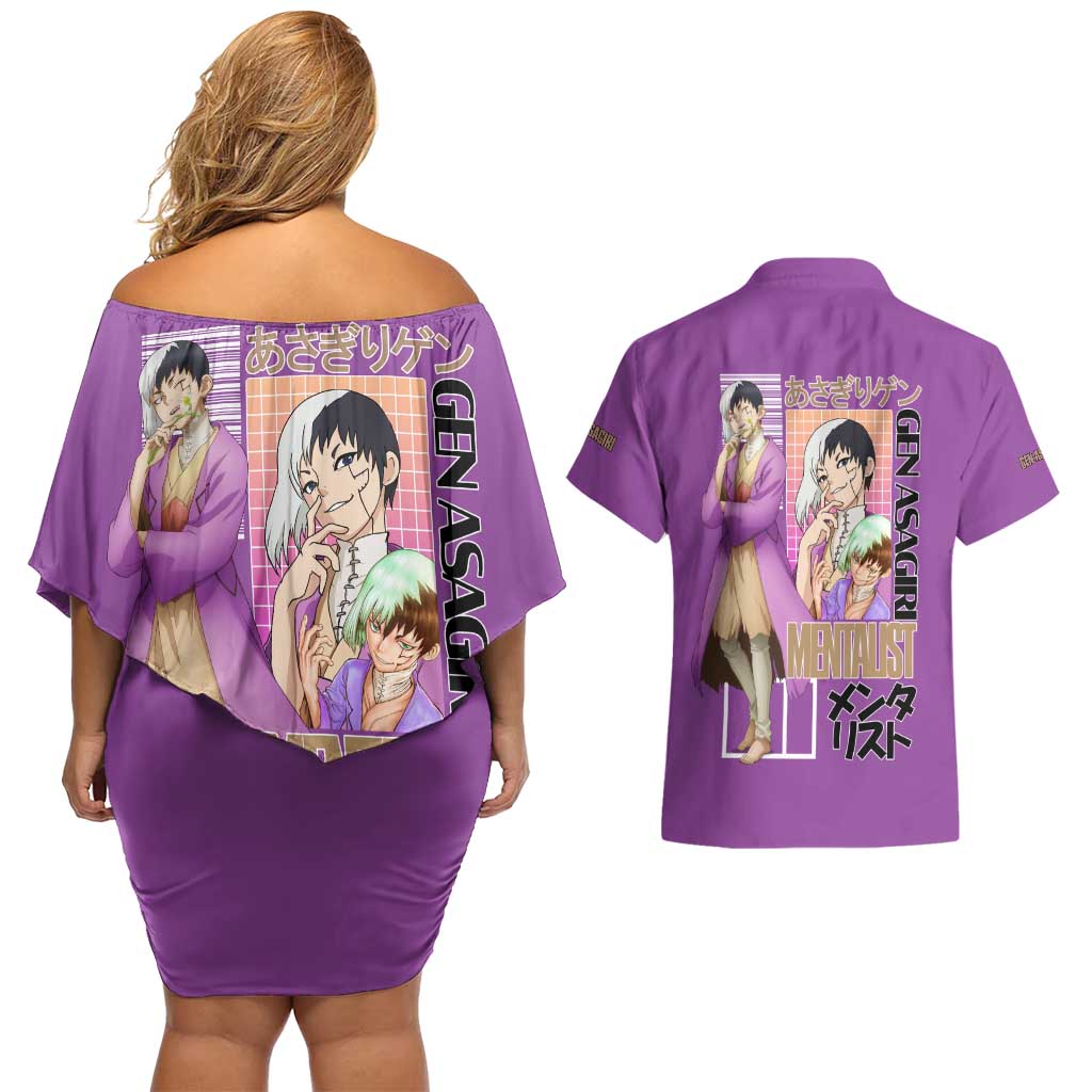 Gen Asagiri Dr. Stone Streetwear Couples Matching Off Shoulder Short Dress and Hawaiian Shirt Japan Anime Style - The Mazicc
