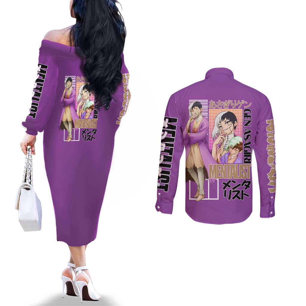 Gen Asagiri Dr. Stone Streetwear Couples Matching Off The Shoulder Long Sleeve Dress and Long Sleeve Button Shirt Japan Anime Style - The Mazicc