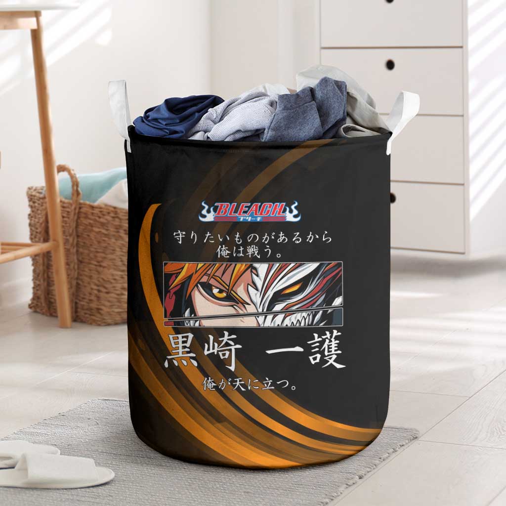 Ichigo Bleach Anime Black and Orange Theme Laundry Basket with Hollow Mask and Japanese Calligraphy Design - The Mazicc