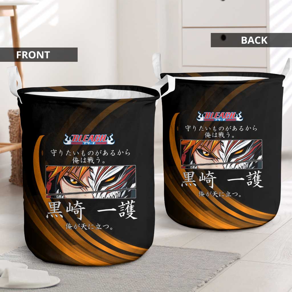 Ichigo Bleach Anime Black and Orange Theme Laundry Basket with Hollow Mask and Japanese Calligraphy Design - The Mazicc