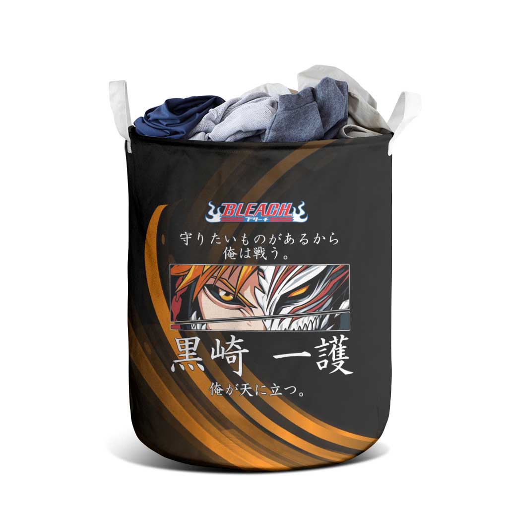 Ichigo Bleach Anime Black and Orange Theme Laundry Basket with Hollow Mask and Japanese Calligraphy Design - The Mazicc