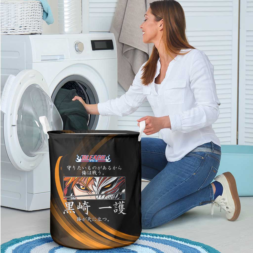 Ichigo Bleach Anime Black and Orange Theme Laundry Basket with Hollow Mask and Japanese Calligraphy Design - The Mazicc