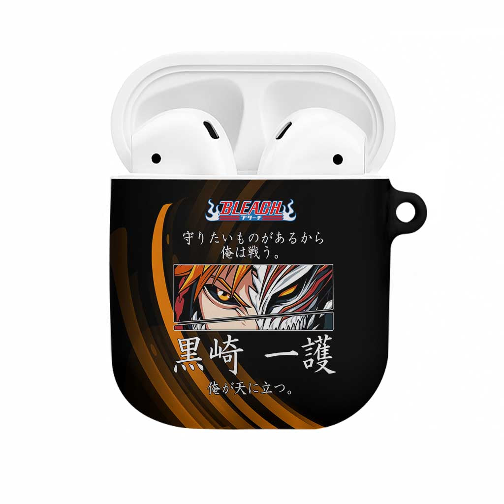 Ichigo Bleach Anime Black and Orange Theme AirPods Case with Hollow Mask and Japanese Calligraphy Design - The Mazicc