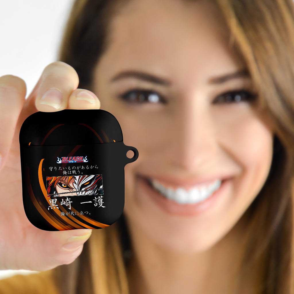 Ichigo Bleach Anime Black and Orange Theme AirPods Case with Hollow Mask and Japanese Calligraphy Design - The Mazicc