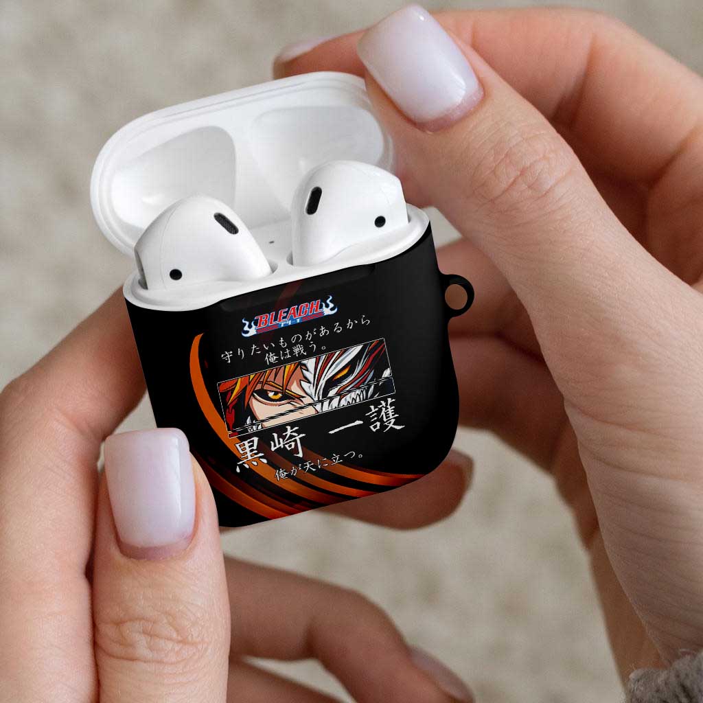 Ichigo Bleach Anime Black and Orange Theme AirPods Case with Hollow Mask and Japanese Calligraphy Design - The Mazicc