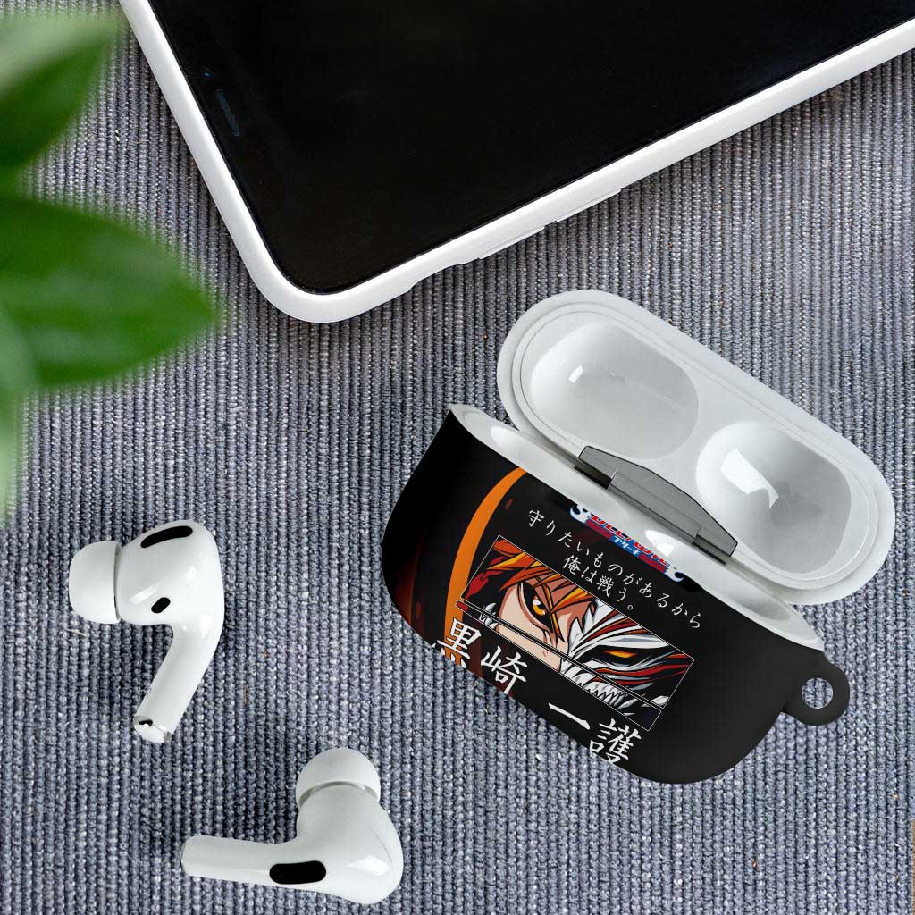 Ichigo Bleach Anime Black and Orange Theme AirPods Case with Hollow Mask and Japanese Calligraphy Design - The Mazicc