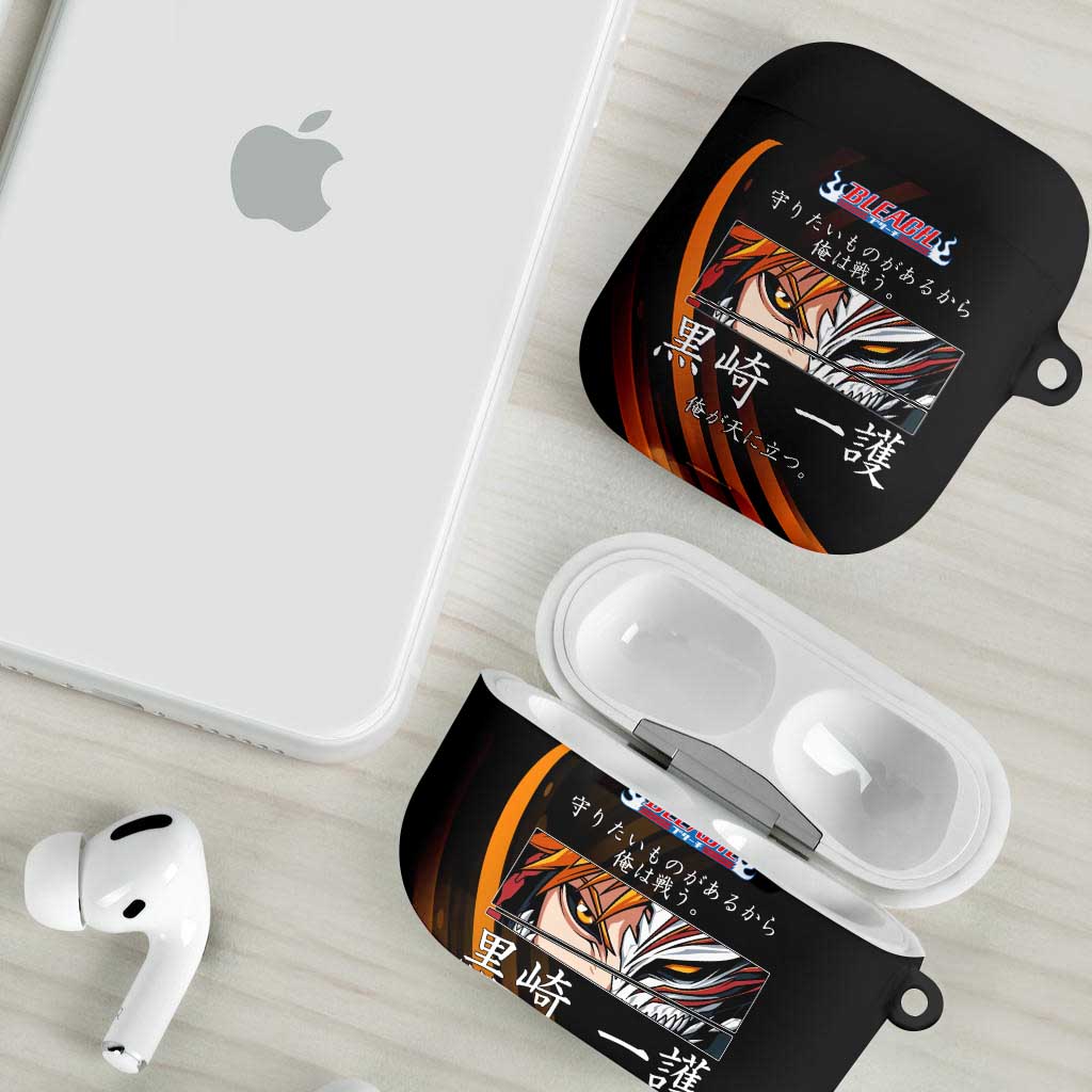 Ichigo Bleach Anime Black and Orange Theme AirPods Case with Hollow Mask and Japanese Calligraphy Design - The Mazicc