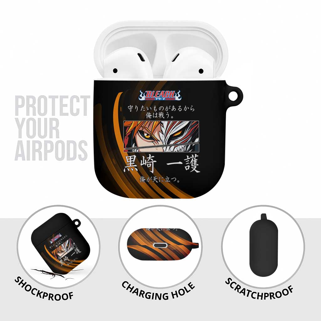 Ichigo Bleach Anime Black and Orange Theme AirPods Case with Hollow Mask and Japanese Calligraphy Design - The Mazicc