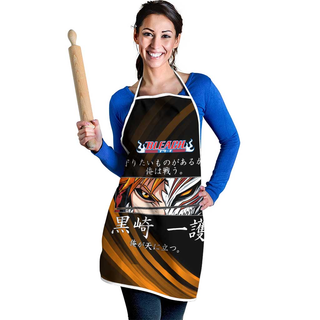 Ichigo Bleach Anime Black and Orange Theme Apron with Hollow Mask and Japanese Calligraphy Design - The Mazicc