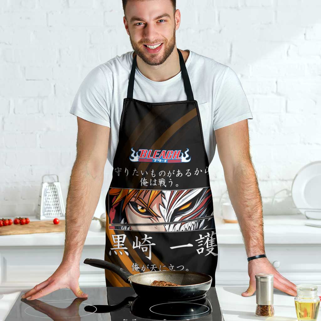 Ichigo Bleach Anime Black and Orange Theme Apron with Hollow Mask and Japanese Calligraphy Design - The Mazicc