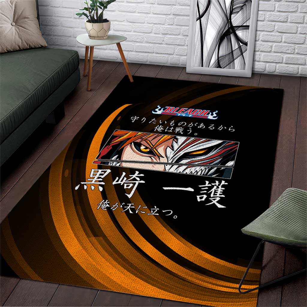 Ichigo Bleach Anime Black and Orange Theme Area Rug with Hollow Mask and Japanese Calligraphy Design - The Mazicc