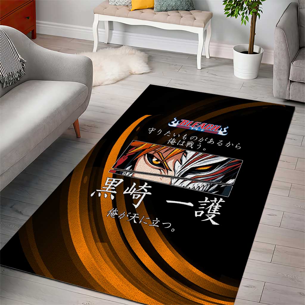 Ichigo Bleach Anime Black and Orange Theme Area Rug with Hollow Mask and Japanese Calligraphy Design - The Mazicc