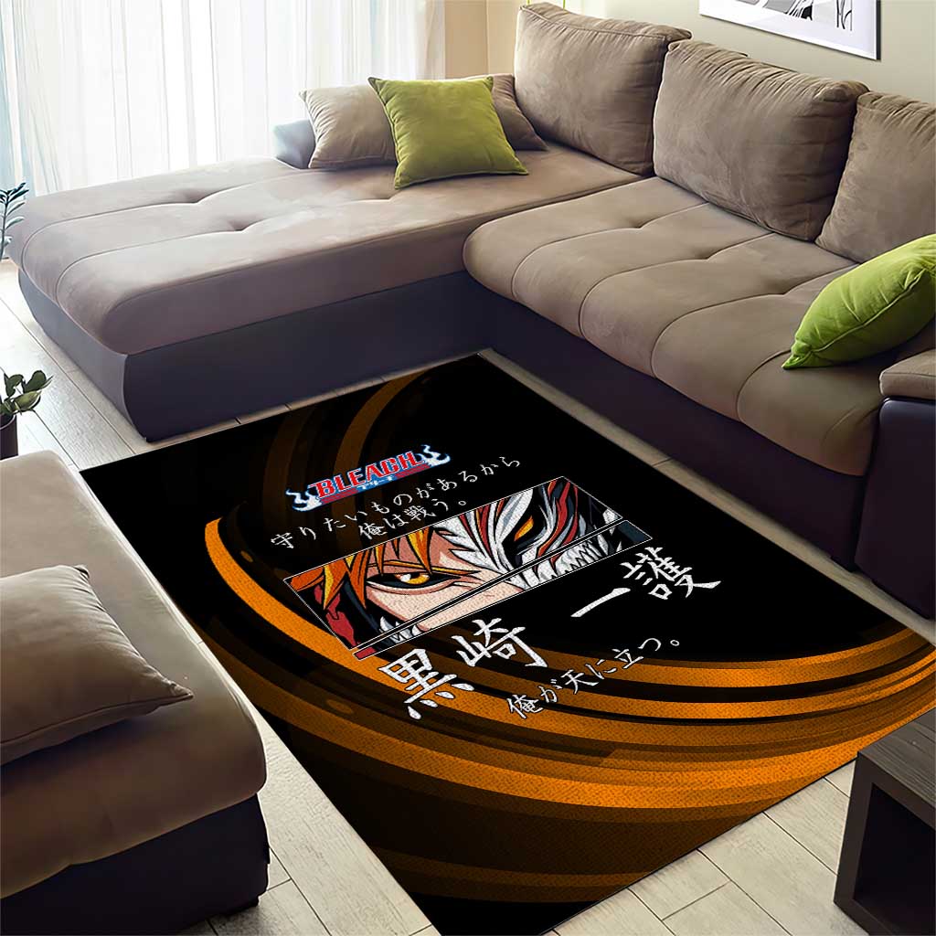 Ichigo Bleach Anime Black and Orange Theme Area Rug with Hollow Mask and Japanese Calligraphy Design - The Mazicc