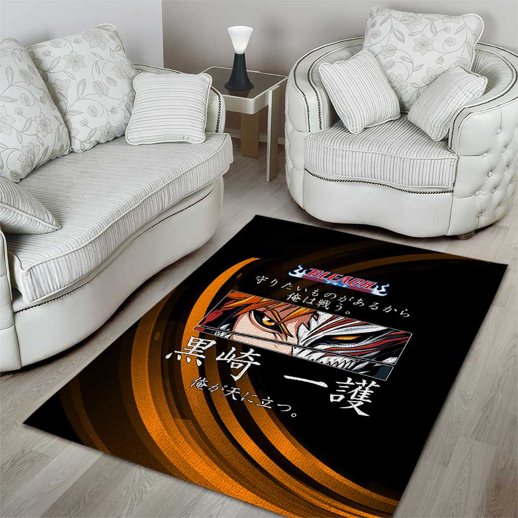 Ichigo Bleach Anime Black and Orange Theme Area Rug with Hollow Mask and Japanese Calligraphy Design - The Mazicc