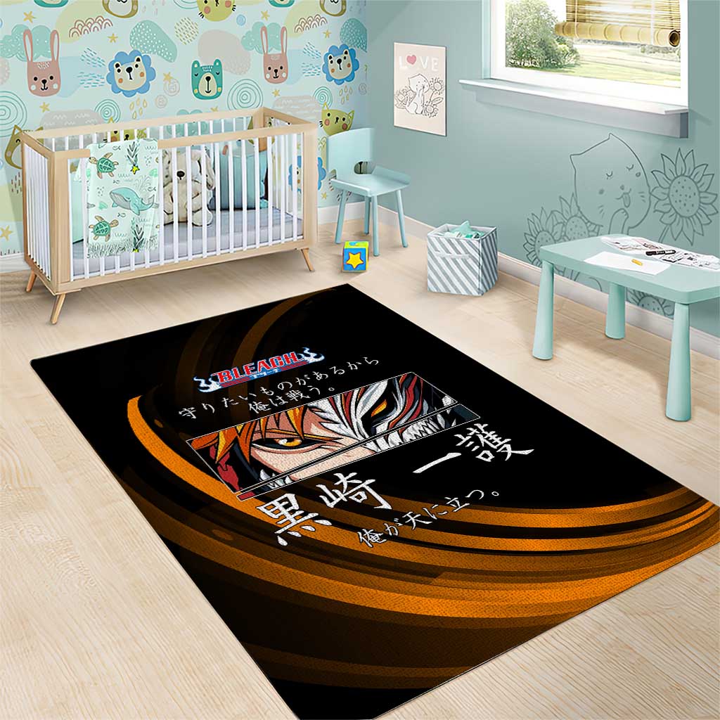 Ichigo Bleach Anime Black and Orange Theme Area Rug with Hollow Mask and Japanese Calligraphy Design - The Mazicc