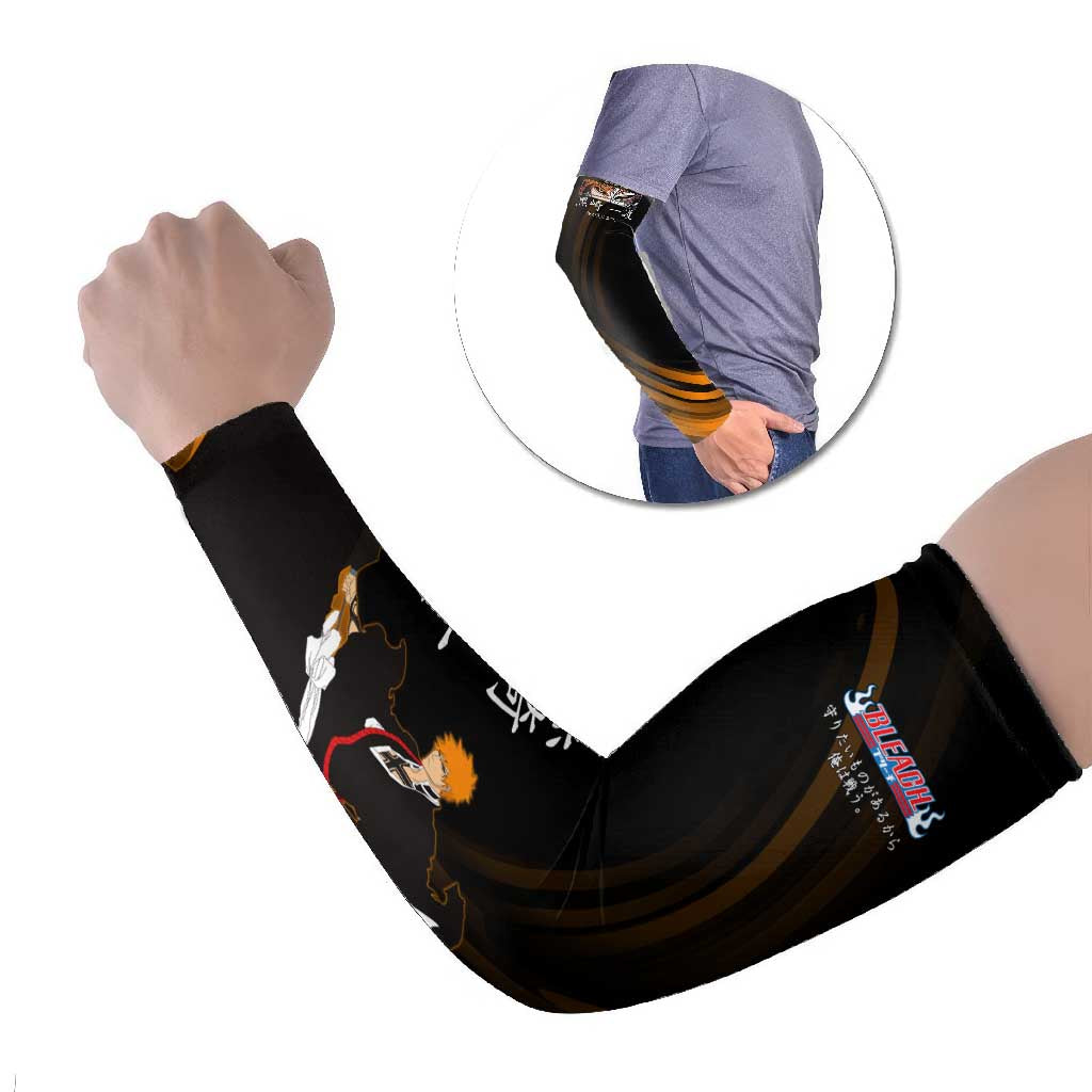 Ichigo Bleach Anime Black and Orange Theme Arm Sleeves with Hollow Mask and Japanese Calligraphy Design - The Mazicc