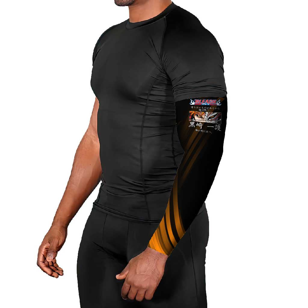 Ichigo Bleach Anime Black and Orange Theme Arm Sleeves with Hollow Mask and Japanese Calligraphy Design - The Mazicc