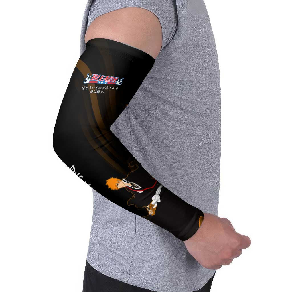 Ichigo Bleach Anime Black and Orange Theme Arm Sleeves with Hollow Mask and Japanese Calligraphy Design - The Mazicc