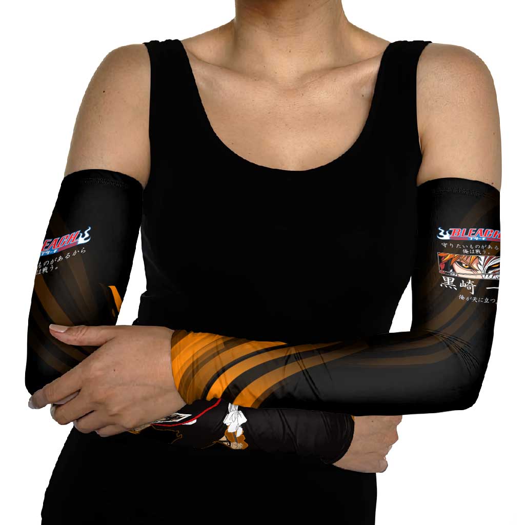 Ichigo Bleach Anime Black and Orange Theme Arm Sleeves with Hollow Mask and Japanese Calligraphy Design - The Mazicc
