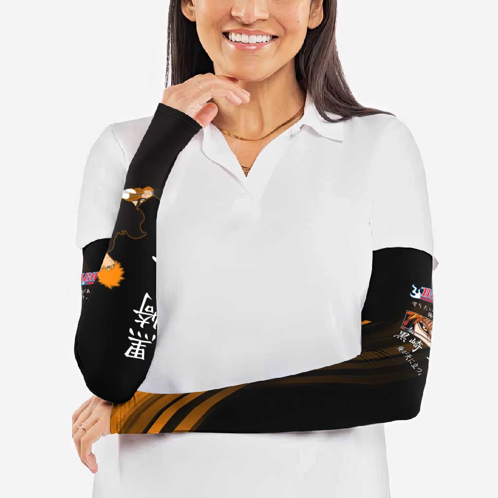 Ichigo Bleach Anime Black and Orange Theme Arm Sleeves with Hollow Mask and Japanese Calligraphy Design - The Mazicc