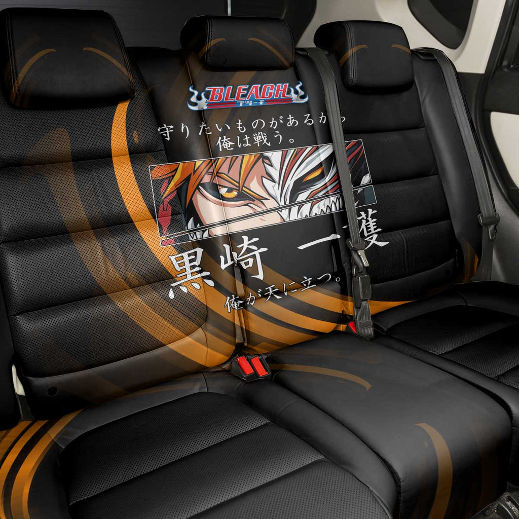 Ichigo Bleach Anime Black and Orange Theme Back Car Seat Cover with Hollow Mask and Japanese Calligraphy Design - The Mazicc
