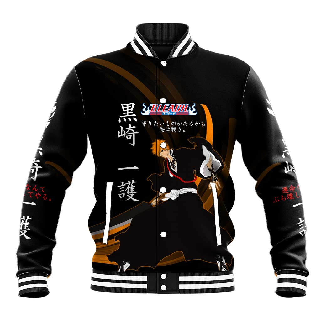 Ichigo Bleach Anime Black and Orange Theme Baseball Jacket with Hollow Mask and Japanese Calligraphy Design - The Mazicc
