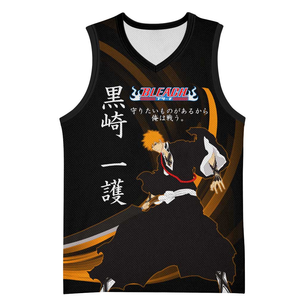Ichigo Bleach Anime Black and Orange Theme Basketball Jersey with Hollow Mask and Japanese Calligraphy Design - The Mazicc