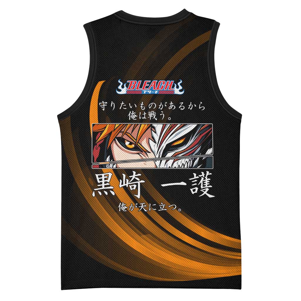 Ichigo Bleach Anime Black and Orange Theme Basketball Jersey with Hollow Mask and Japanese Calligraphy Design - The Mazicc