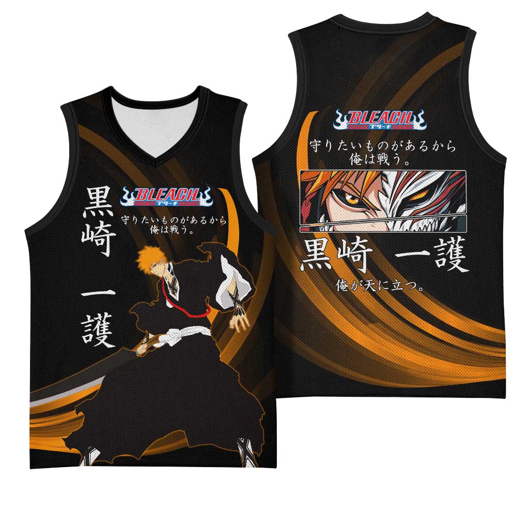 Ichigo Bleach Anime Black and Orange Theme Basketball Jersey with Hollow Mask and Japanese Calligraphy Design - The Mazicc