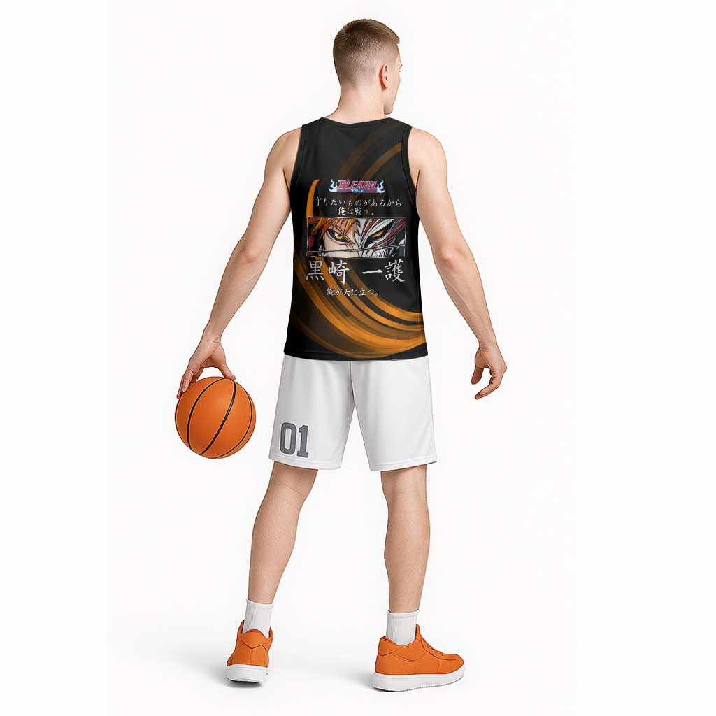 Ichigo Bleach Anime Black and Orange Theme Basketball Jersey with Hollow Mask and Japanese Calligraphy Design - The Mazicc