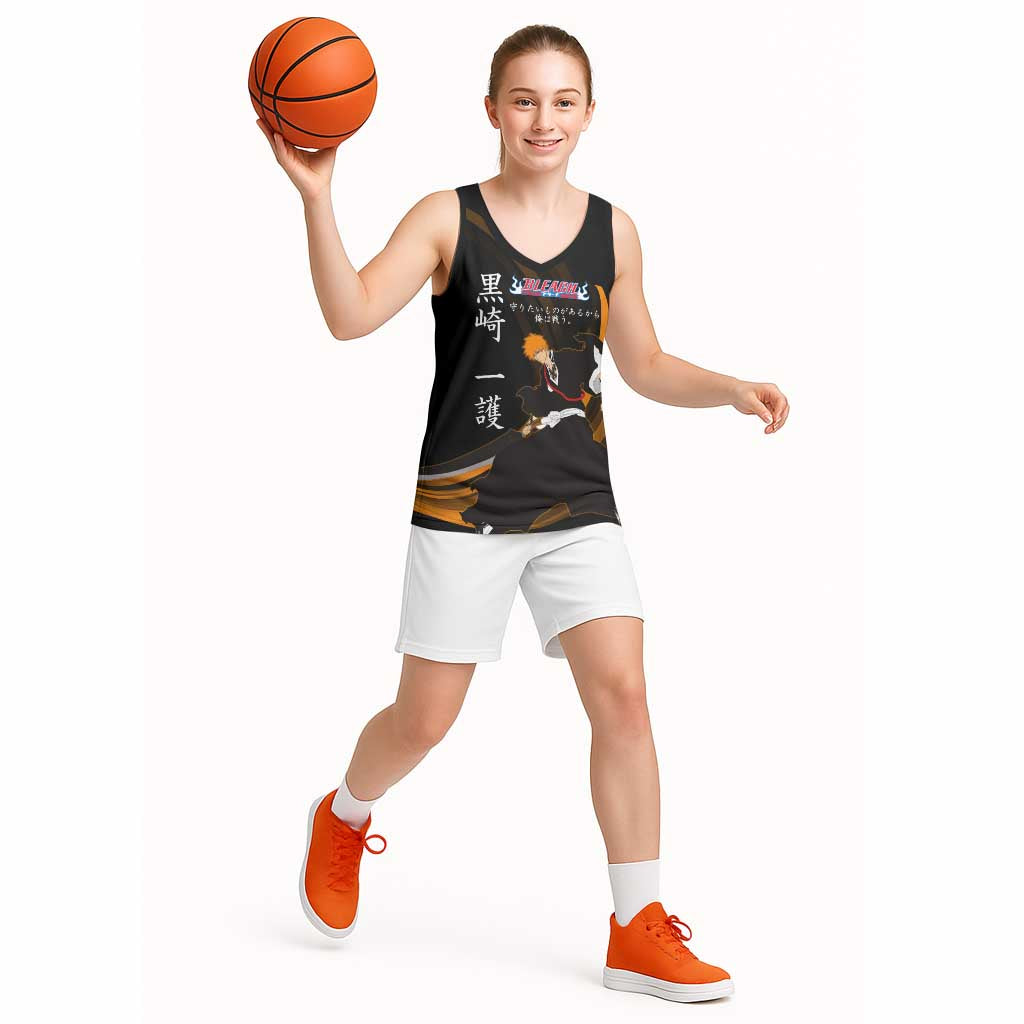 Ichigo Bleach Anime Black and Orange Theme Basketball Jersey with Hollow Mask and Japanese Calligraphy Design - The Mazicc
