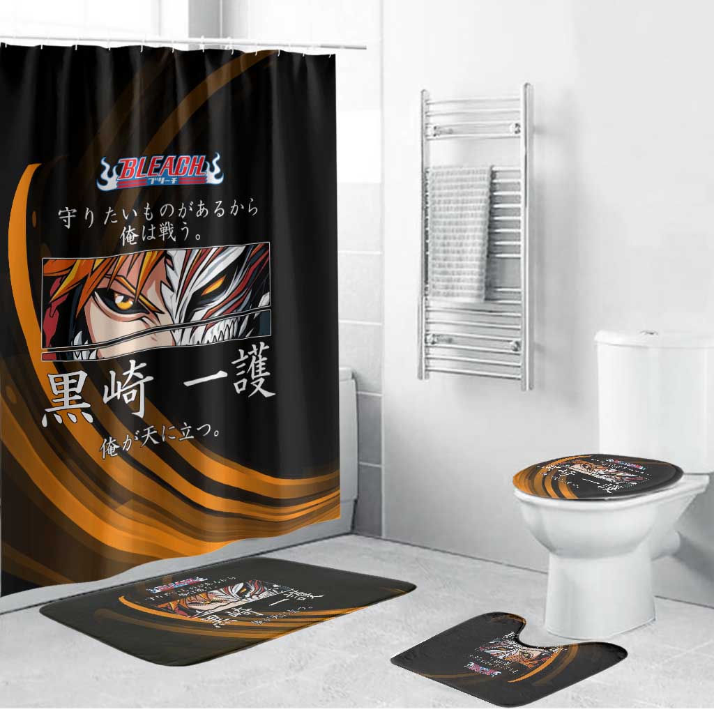 Ichigo Bleach Anime Black and Orange Theme Bathroom Set with Hollow Mask and Japanese Calligraphy Design - The Mazicc