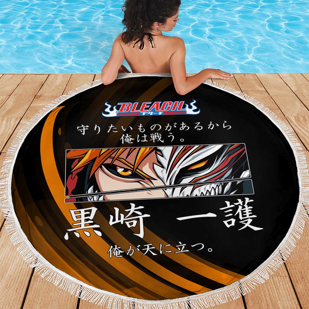 Ichigo Bleach Anime Black and Orange Theme Beach Blanket with Hollow Mask and Japanese Calligraphy Design - The Mazicc