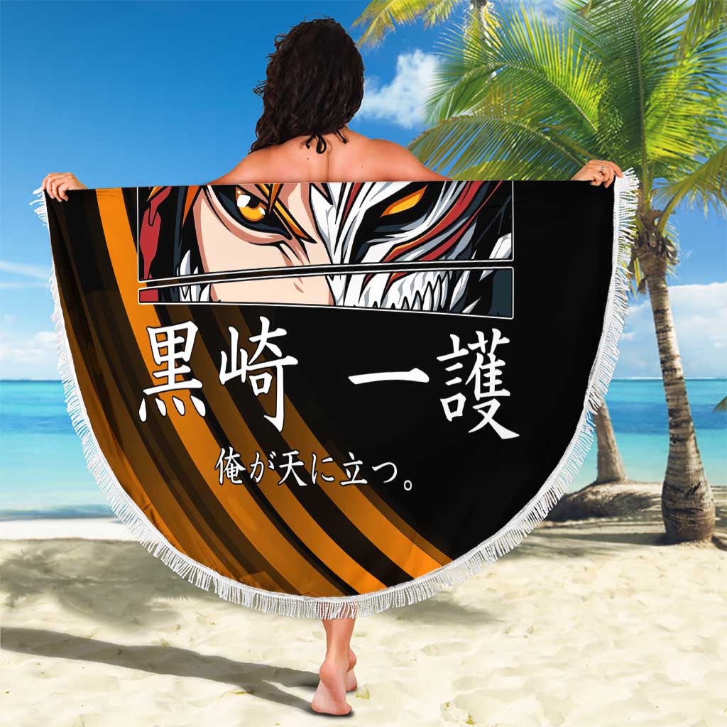 Ichigo Bleach Anime Black and Orange Theme Beach Blanket with Hollow Mask and Japanese Calligraphy Design - The Mazicc
