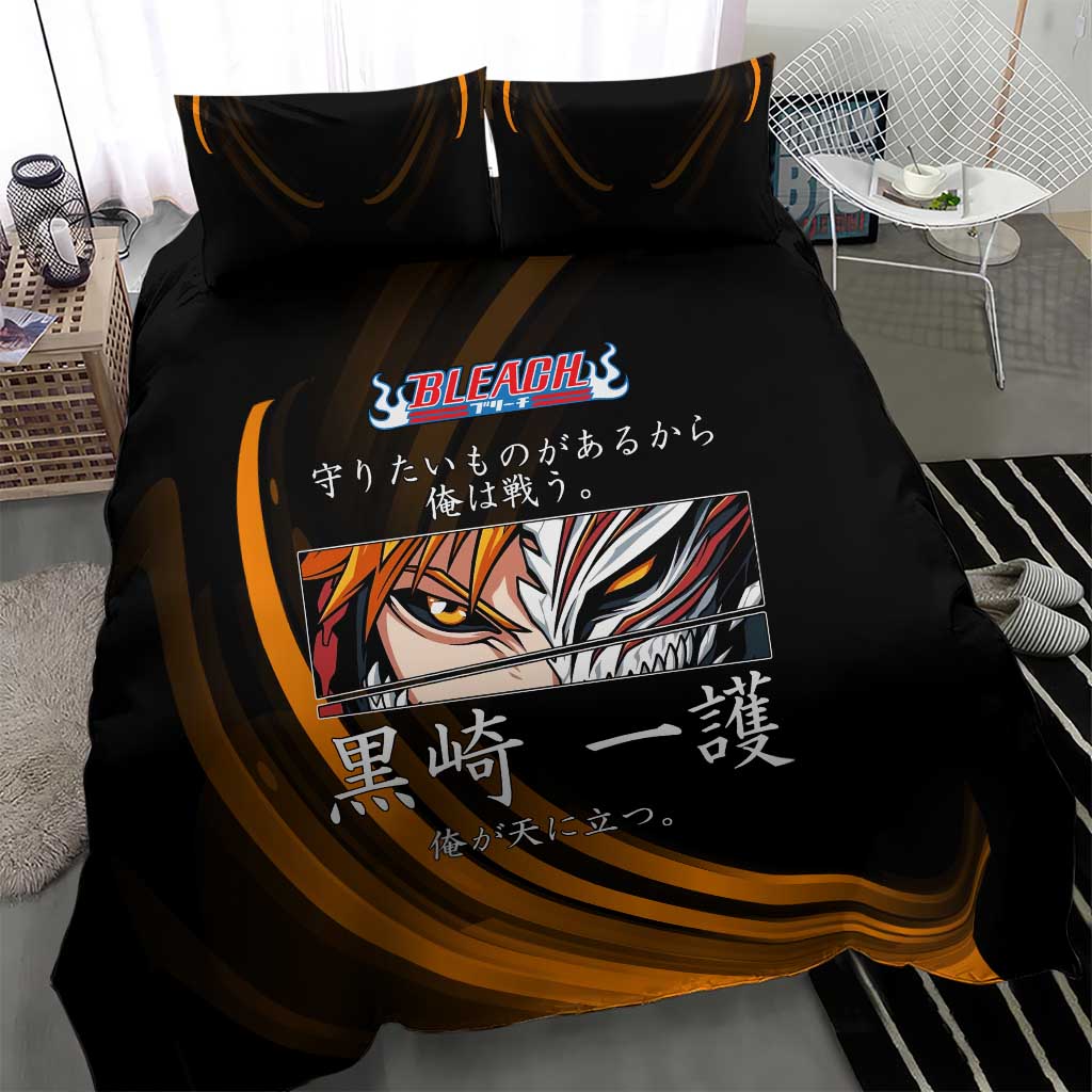 Ichigo Bleach Anime Black and Orange Theme Bedding Set with Hollow Mask and Japanese Calligraphy Design - The Mazicc