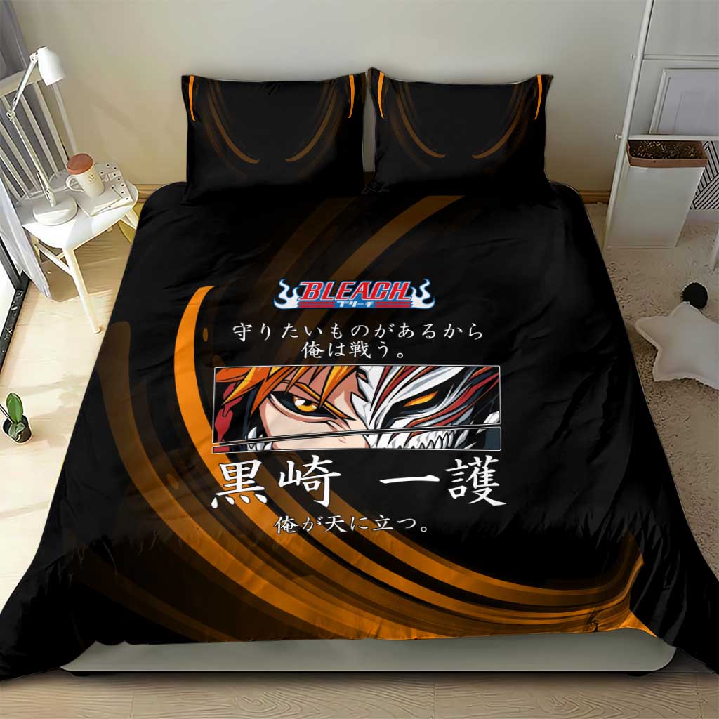 Ichigo Bleach Anime Black and Orange Theme Bedding Set with Hollow Mask and Japanese Calligraphy Design - The Mazicc