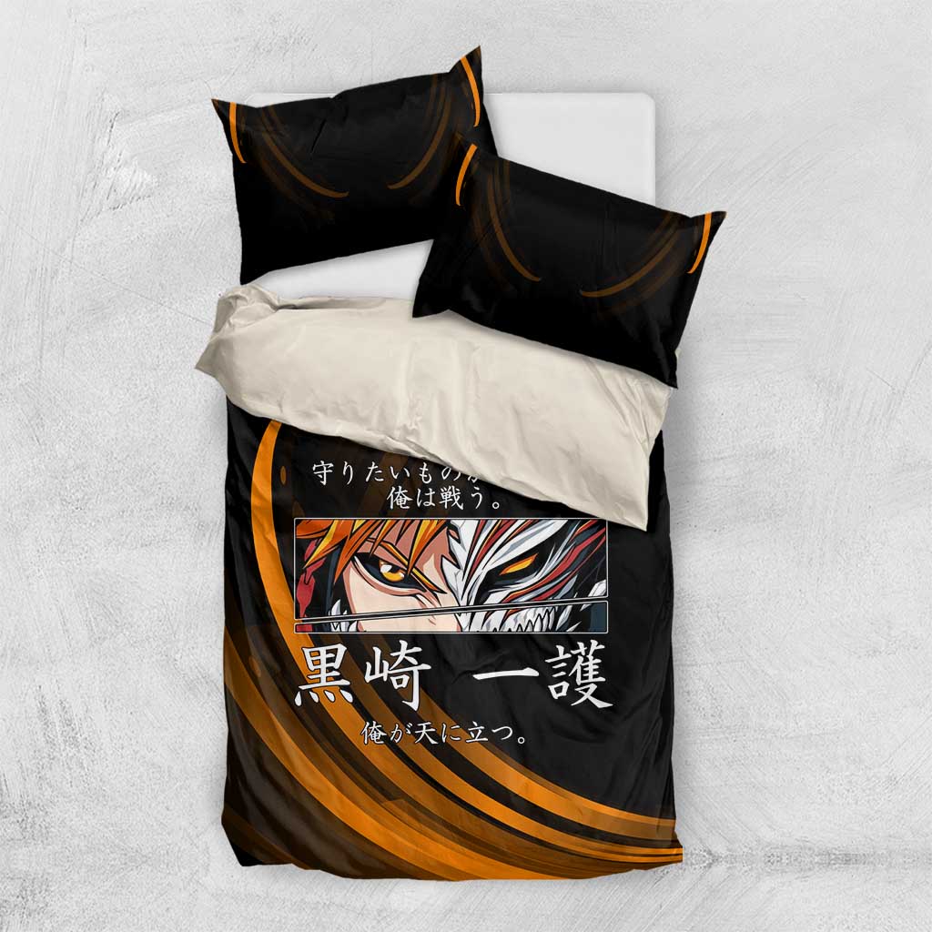 Ichigo Bleach Anime Black and Orange Theme Bedding Set with Hollow Mask and Japanese Calligraphy Design - The Mazicc
