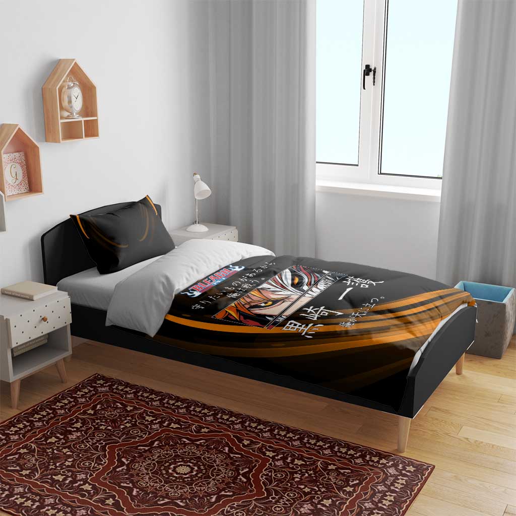 Ichigo Bleach Anime Black and Orange Theme Bedding Set with Hollow Mask and Japanese Calligraphy Design - The Mazicc