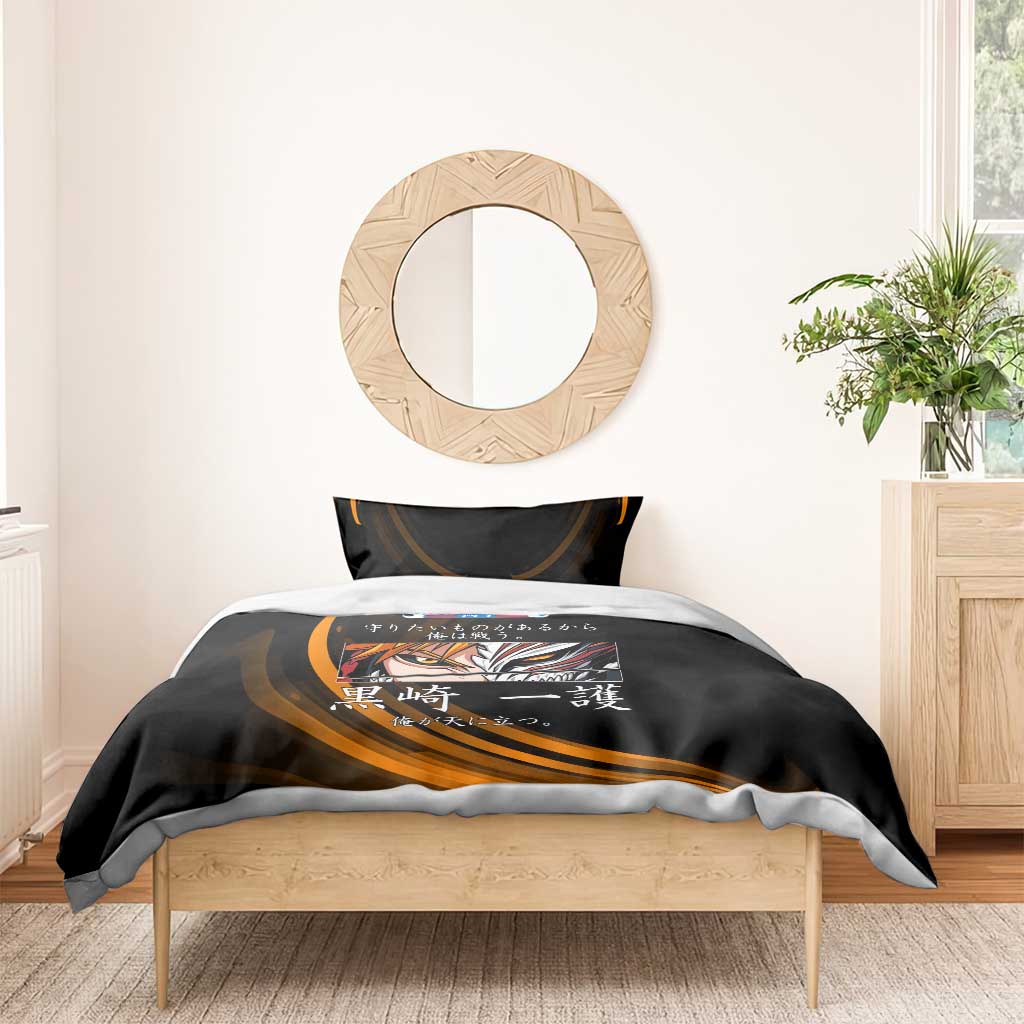 Ichigo Bleach Anime Black and Orange Theme Bedding Set with Hollow Mask and Japanese Calligraphy Design - The Mazicc