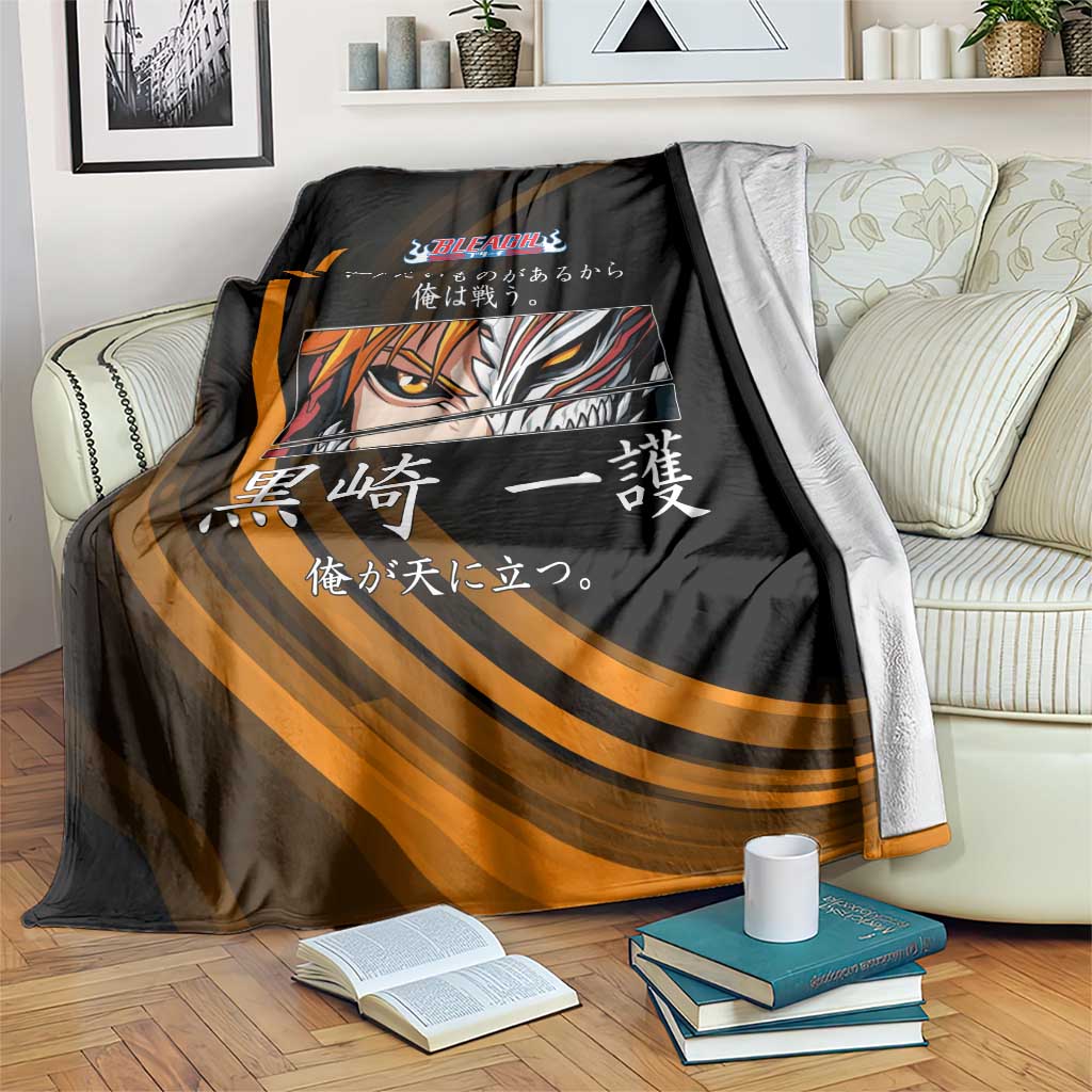 Ichigo Bleach Anime Black and Orange Theme Blanket with Hollow Mask and Japanese Calligraphy Design - The Mazicc