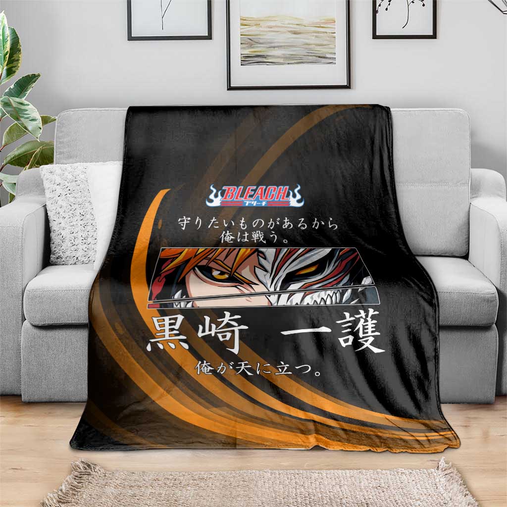 Ichigo Bleach Anime Black and Orange Theme Blanket with Hollow Mask and Japanese Calligraphy Design - The Mazicc