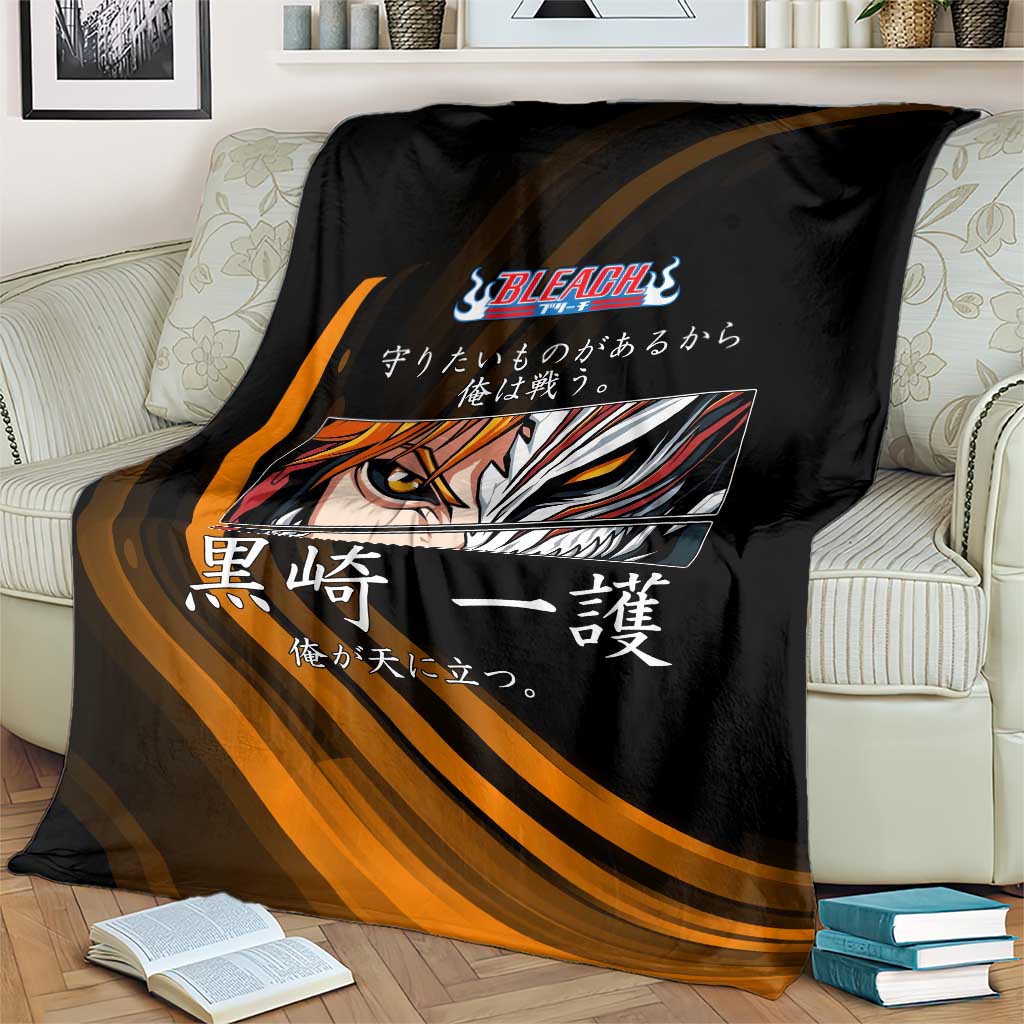 Ichigo Bleach Anime Black and Orange Theme Blanket with Hollow Mask and Japanese Calligraphy Design - The Mazicc