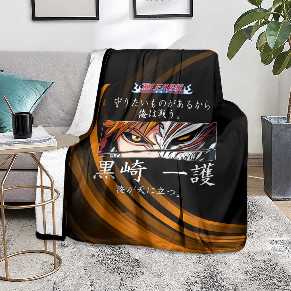 Ichigo Bleach Anime Black and Orange Theme Blanket with Hollow Mask and Japanese Calligraphy Design - The Mazicc