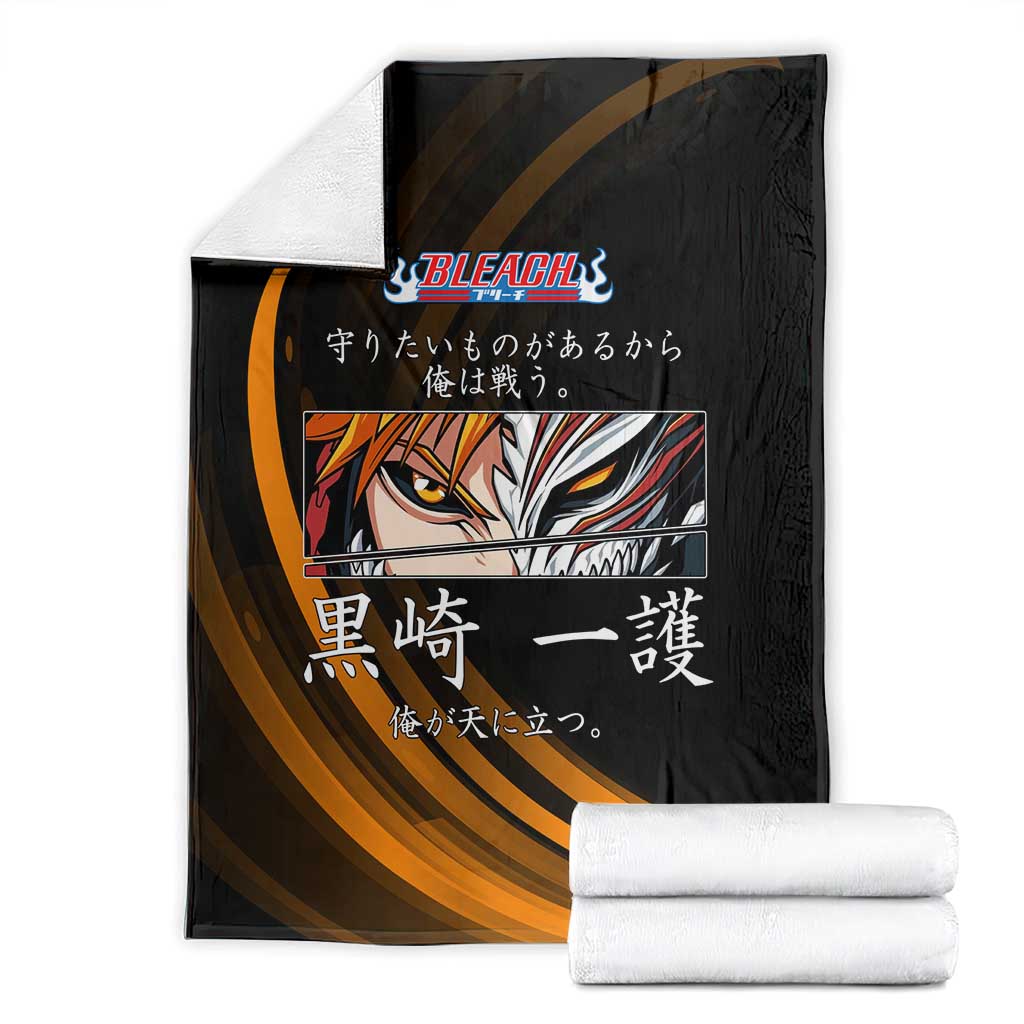 Ichigo Bleach Anime Black and Orange Theme Blanket with Hollow Mask and Japanese Calligraphy Design - The Mazicc