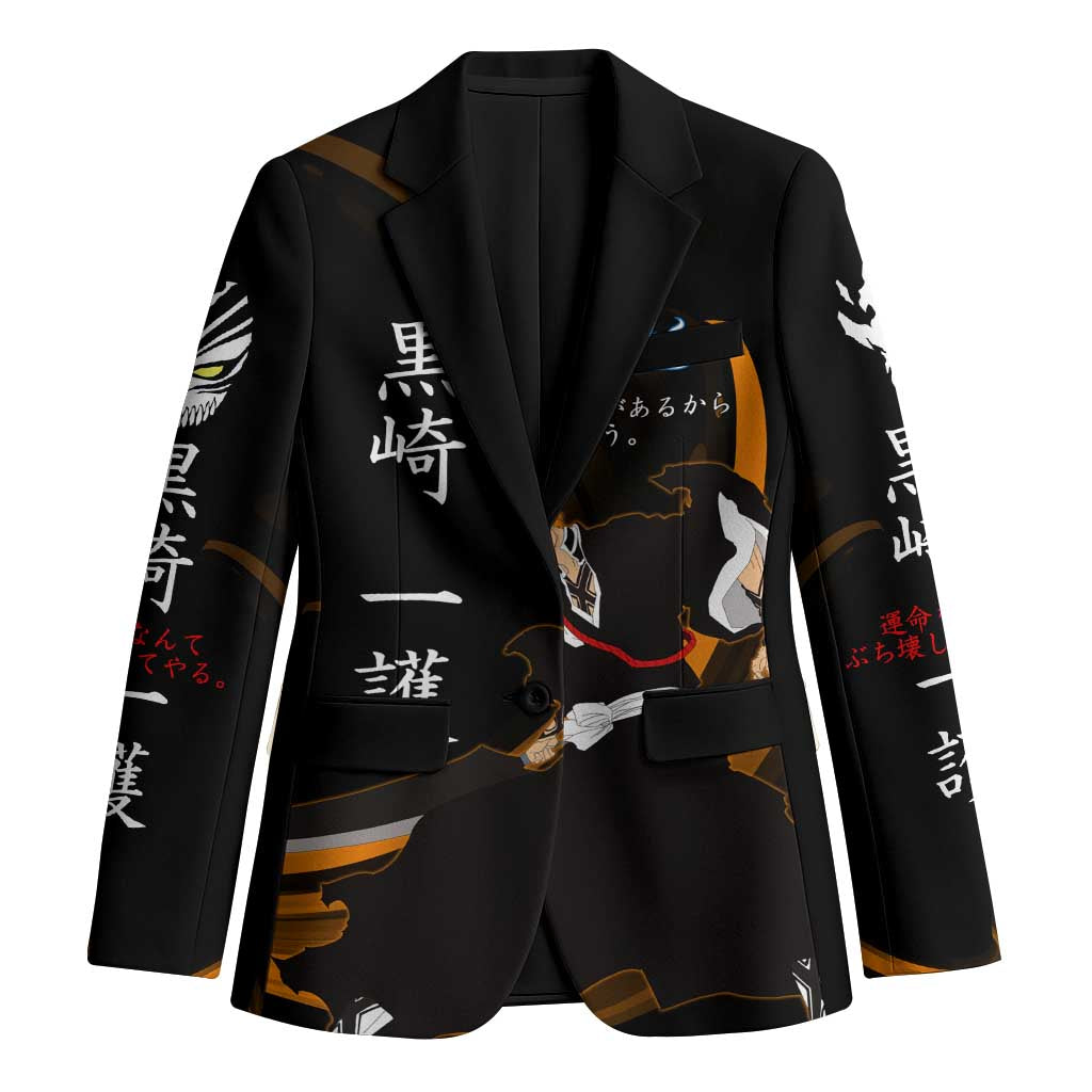 Ichigo Bleach Anime Black and Orange Theme Blazer with Hollow Mask and Japanese Calligraphy Design - The Mazicc