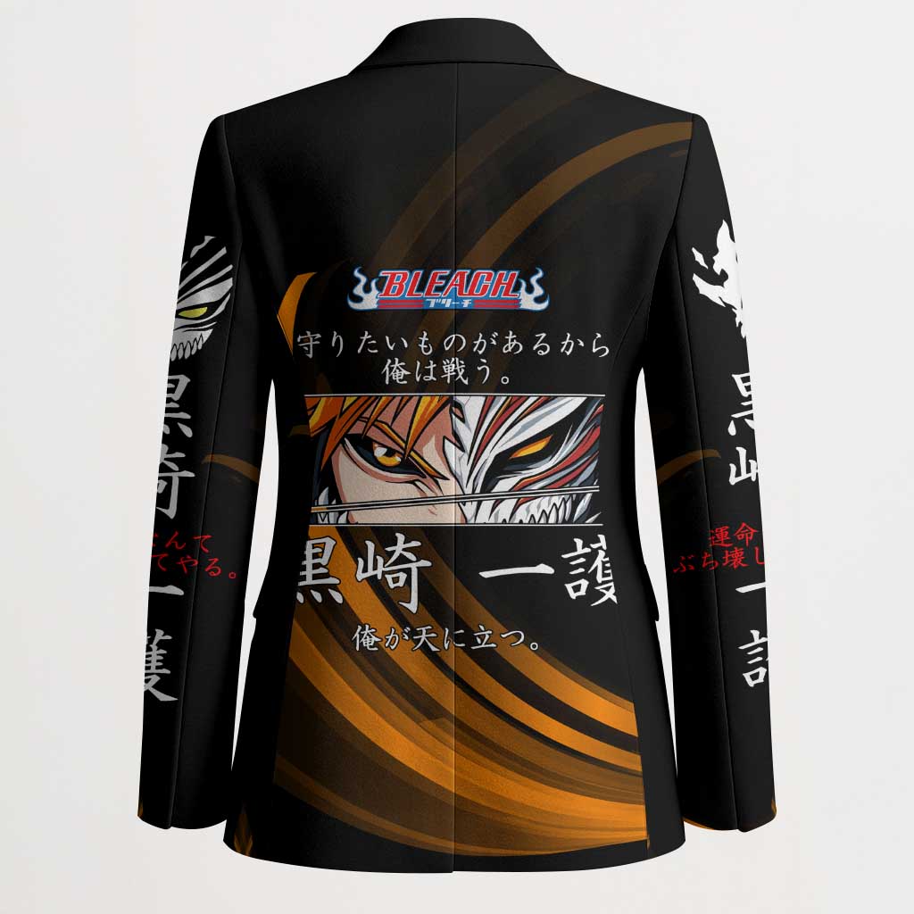 Ichigo Bleach Anime Black and Orange Theme Blazer with Hollow Mask and Japanese Calligraphy Design - The Mazicc