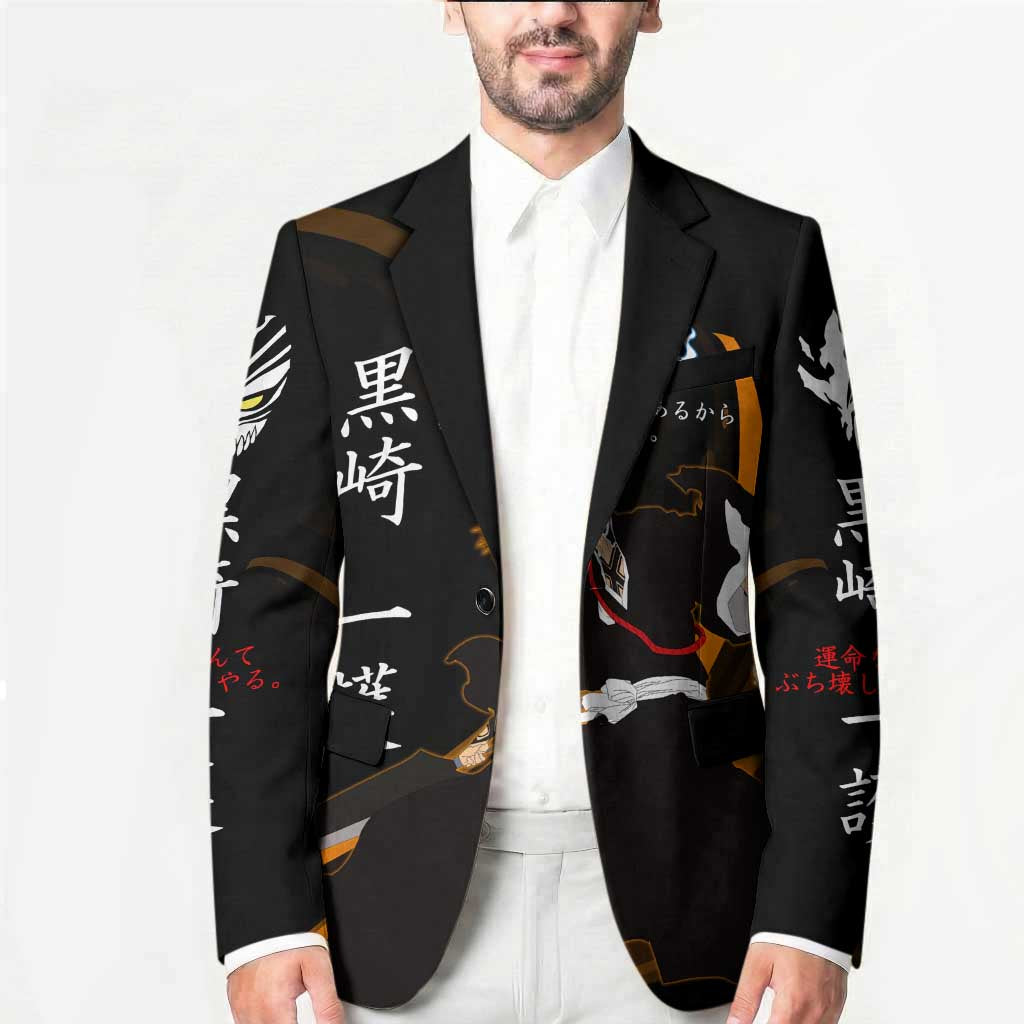Ichigo Bleach Anime Black and Orange Theme Blazer with Hollow Mask and Japanese Calligraphy Design - The Mazicc